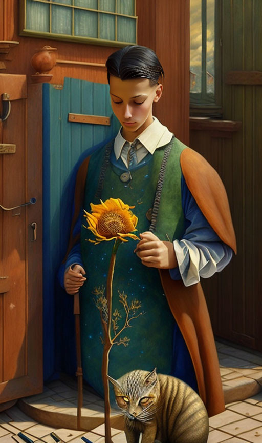 Person in Starry Vest with Sunflower and Cat in Detailed Wooden Interior