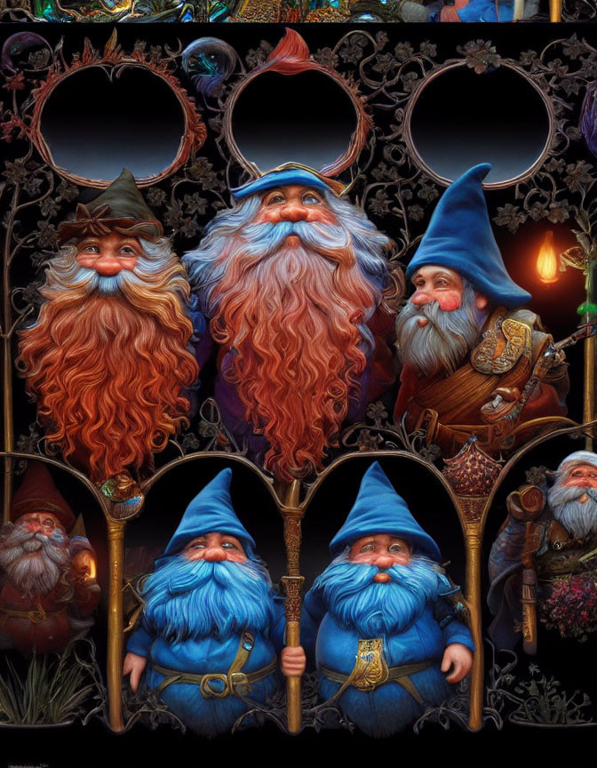 Five whimsical gnomes with unique hats and long beards in ornate background.