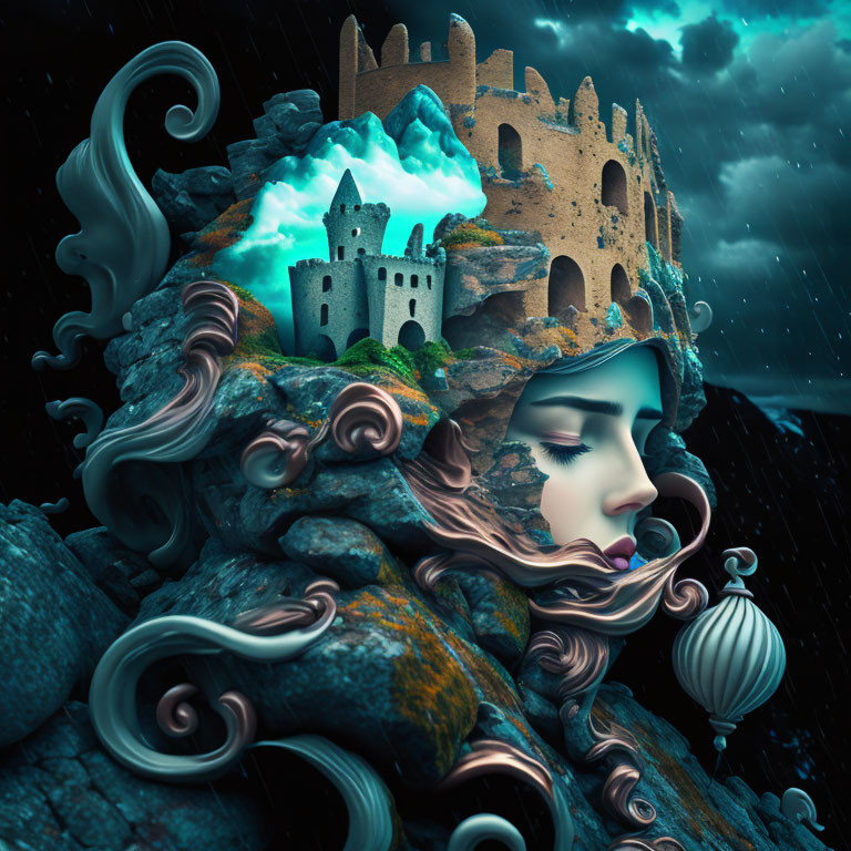 Surreal illustration: Woman's face merges with landscape, castle atop head, swirling hair blending with