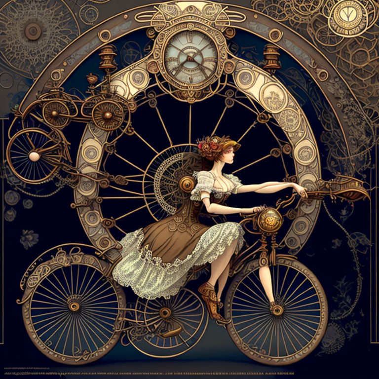 Steampunk-inspired illustration of woman cycling in clockwork mechanism