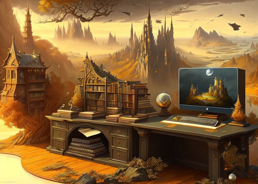 Fantasy-themed Workspace with Desk, Books, Globe, Computer, and Magical Landscape