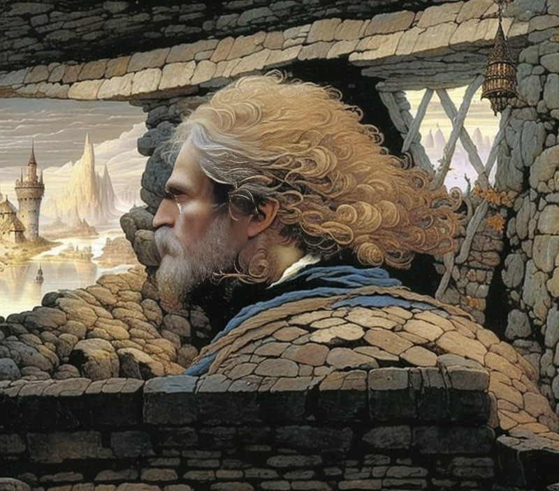 Man's profile blended with fantasy landscape: stone archways, medieval castle, ships