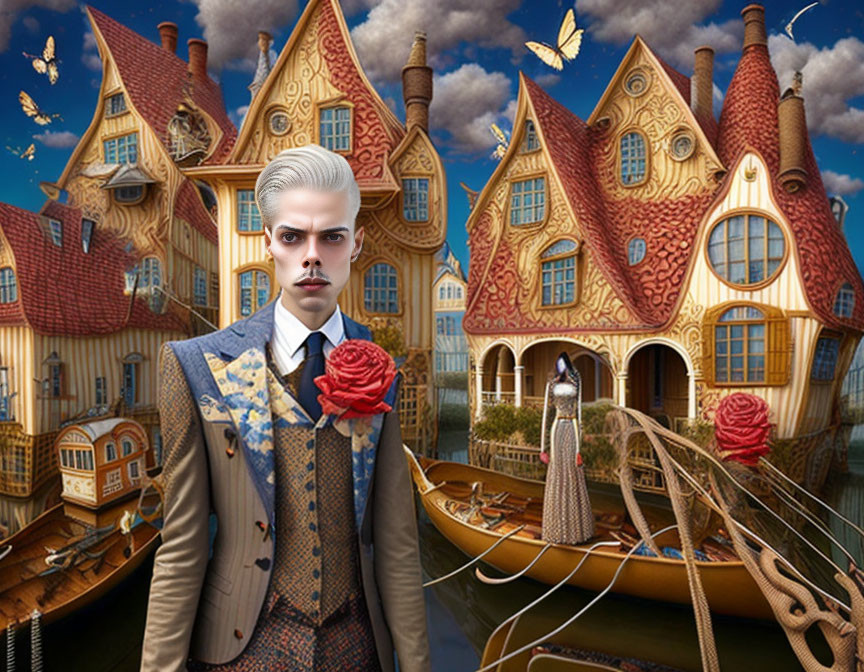 Surreal scene with sharply dressed man and whimsical boat-like houses