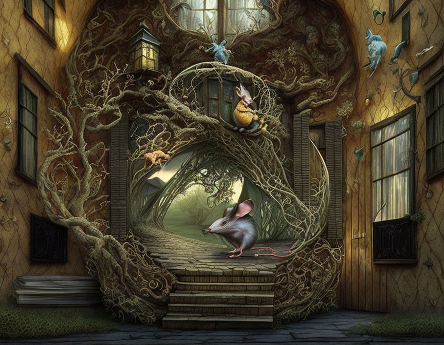 Whimsical artwork: Mouse exiting nature-shaped home