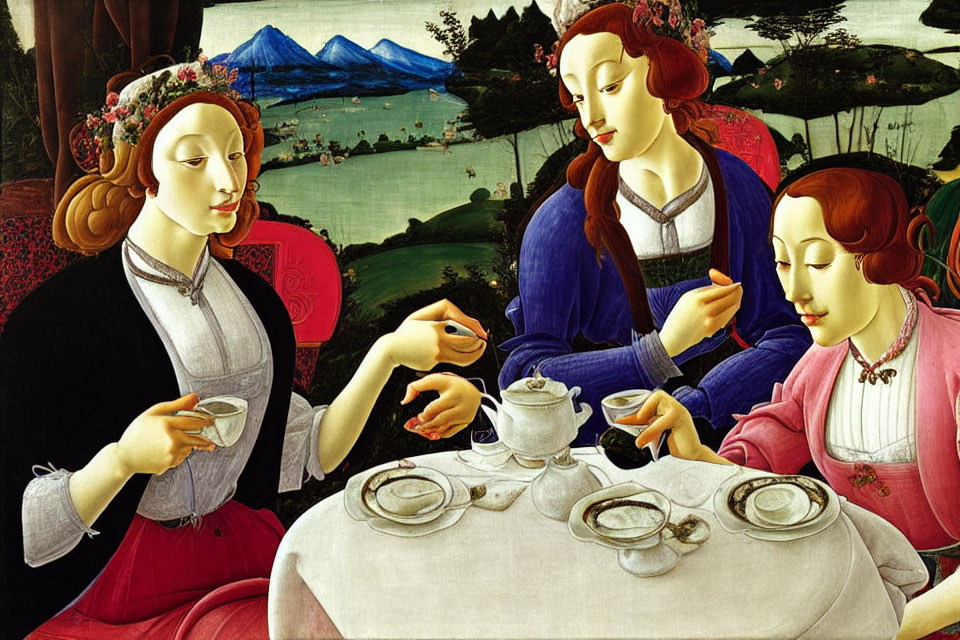 Three Renaissance women at table with teacups and landscape.