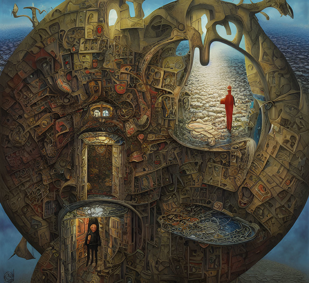 Intricate Mobius Strip Structure with Surreal Landscape and Figures