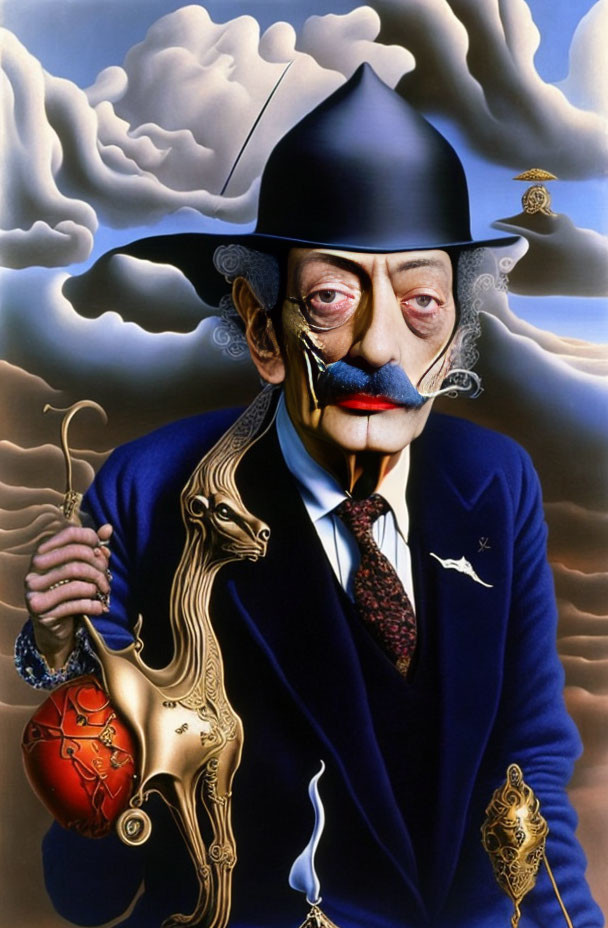 Surrealistic painting: Elongated character in bowler hat with semi-translucent face,