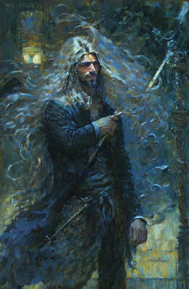 Male figure with long hair and staff in moody blue setting