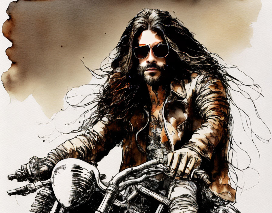 Man with Long Hair Riding Motorcycle in Sepia-Toned Artwork