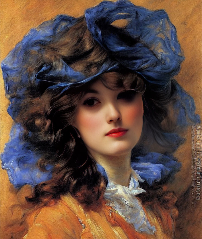 Young woman portrait with voluminous curly hair and blue hat.