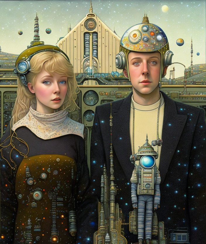 Young man and woman in vintage clothing with futuristic helmets in sci-fi setting