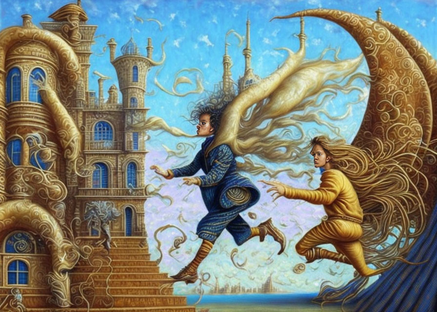 Fantastical scene of two floating figures in ornate architectural setting