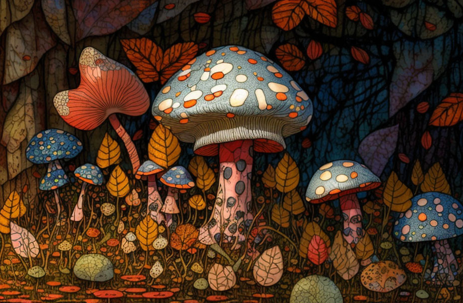 Colorful Mushroom Forest Scene with Autumn Leaves