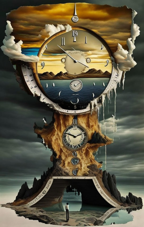 Surrealistic painting: Melting clock on fragmented landscape with solitary figure