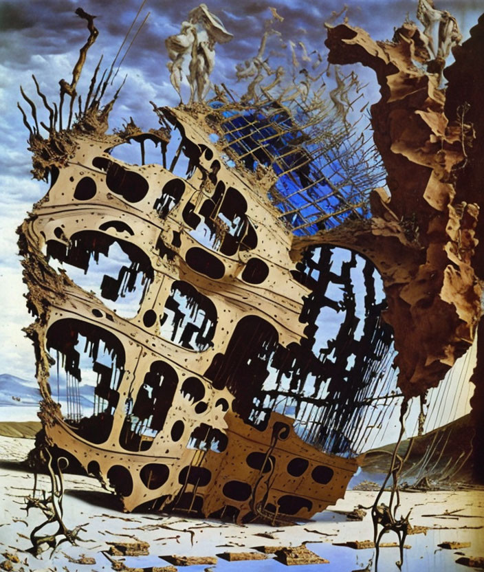 Surrealistic painting: melting ship, flute-like holes, barren landscape, figures on cliff,