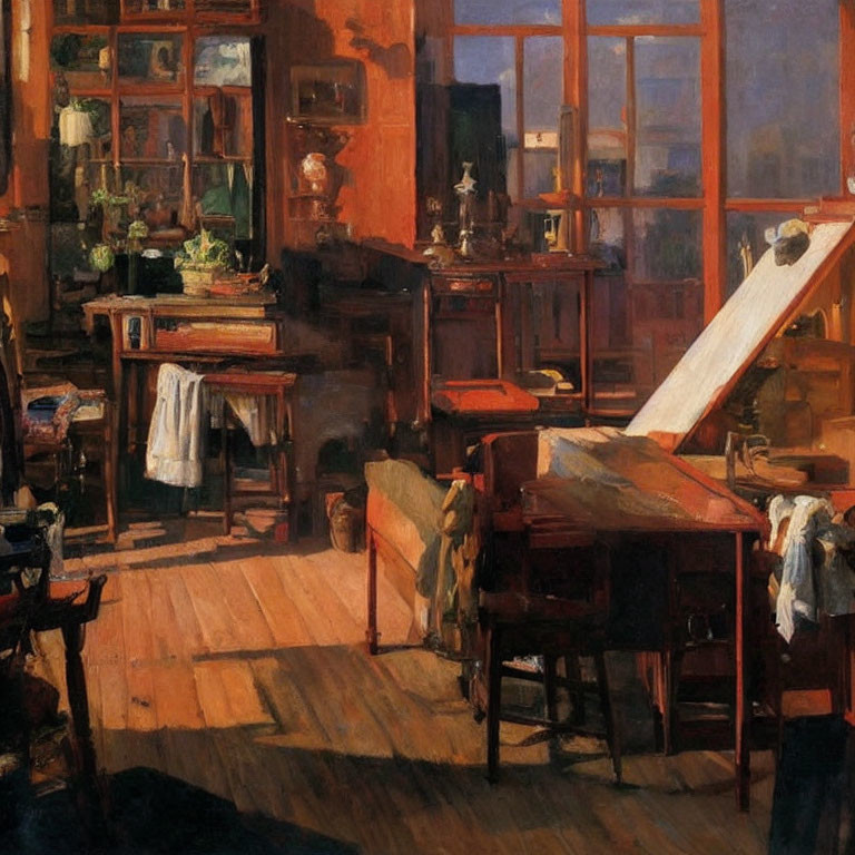 Artist's sunlit room with drafting table, paintings, plants, and art objects