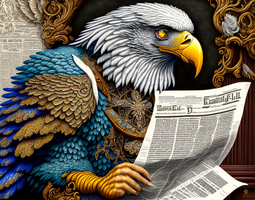 Anthropomorphic eagle with human hand reading newspaper in intricate setting