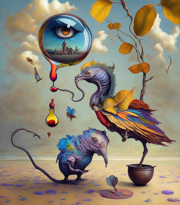 Vibrant surreal artwork: dinosaur-like creatures, tree, eye in bubble, miniature landscape