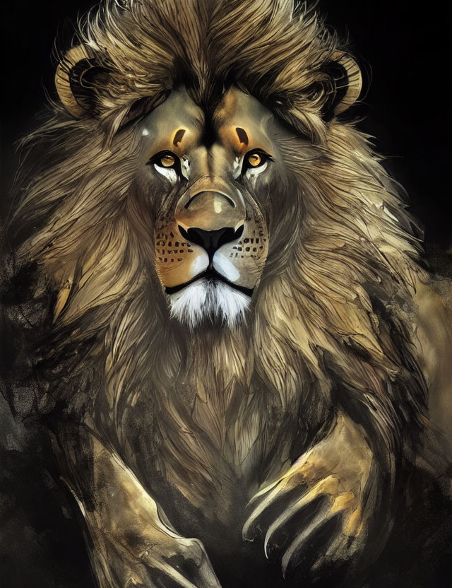 Detailed artwork of majestic lion with voluminous mane and amber eyes against dark background