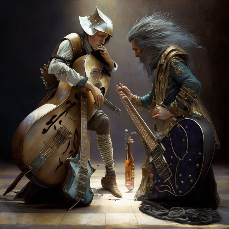 Medieval knight and elderly man duel with string instruments