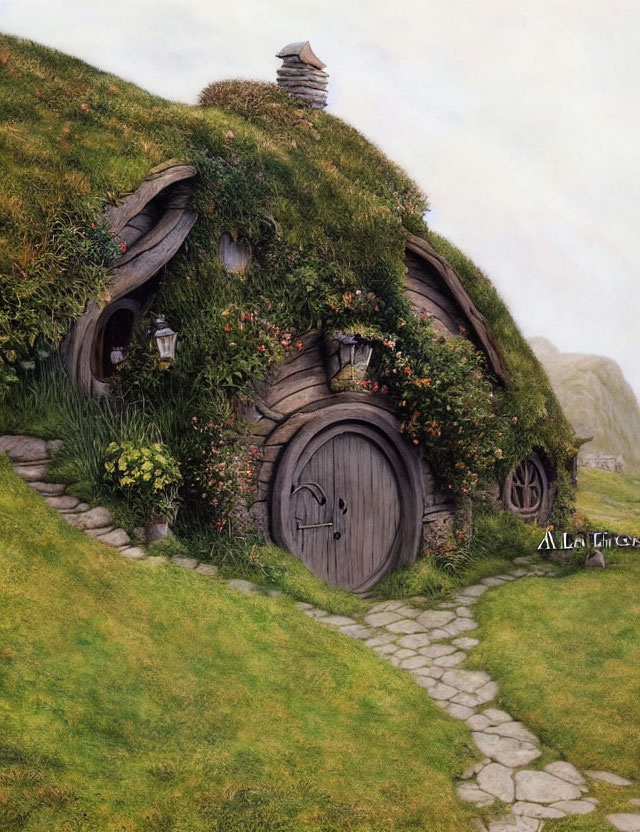 Quaint hobbit home on hillside with round wooden door