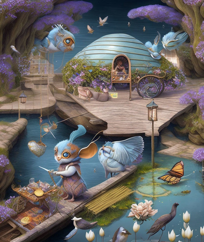 Anthropomorphic creatures in magical riverside scene with caravan, flying fish, and lush flora