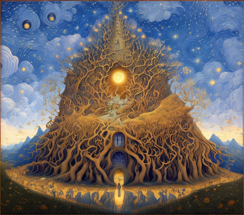 Whimsical painting of large tree with building in intricate roots under starry sky