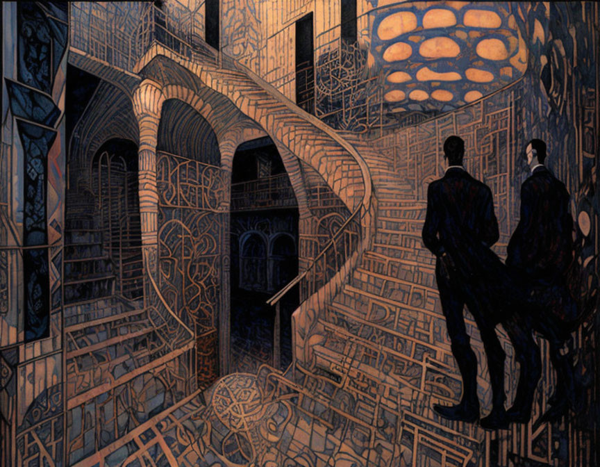 Surreal artwork of silhouetted figures in labyrinthine interior