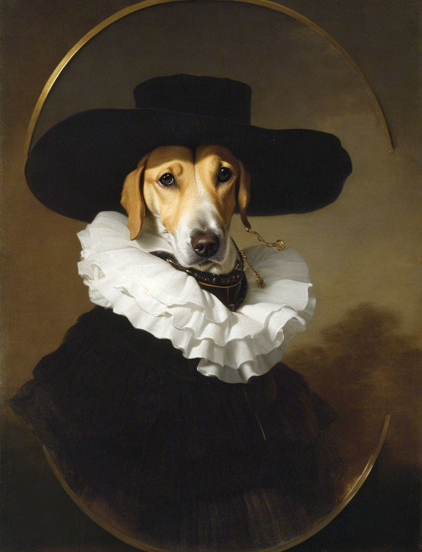 Dog's Head in Elizabethan Costume with Ruff Collar and Hat