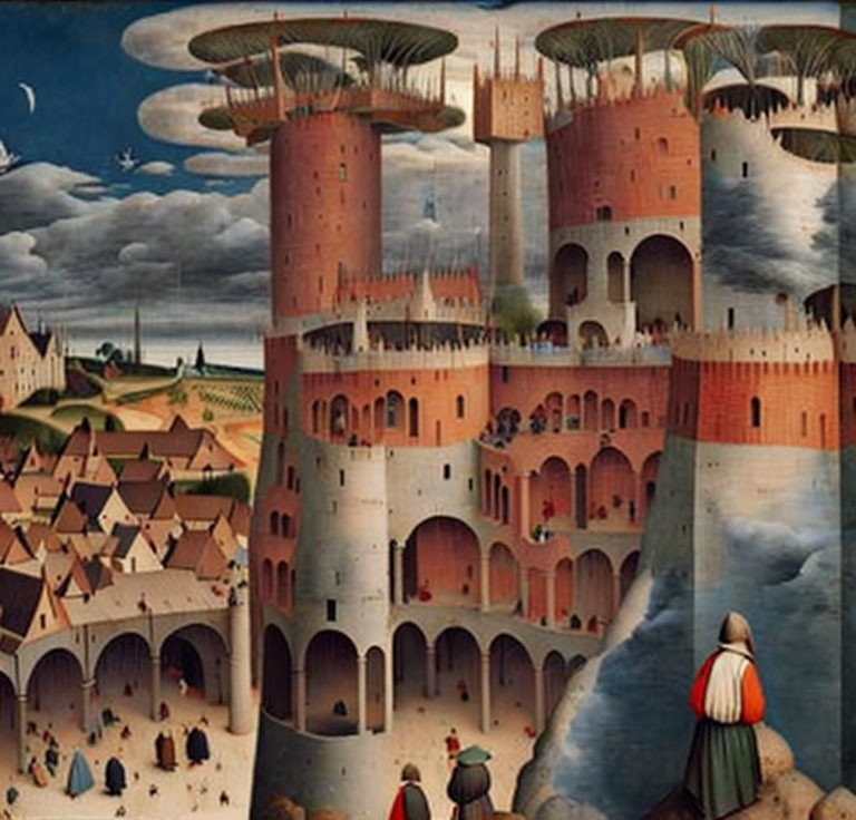 Medieval fantasy landscape with towering castles and villagers in period attire