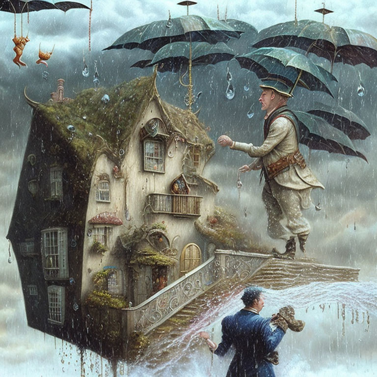 Whimsical artwork: Man in vintage attire approaching floating house under raincloud.