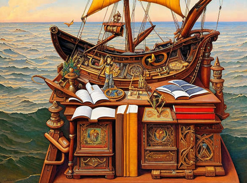 Surreal painting of ship merged with books and navigation instruments on sea