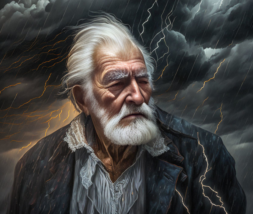 Elderly man with white beard in period attire against stormy sky