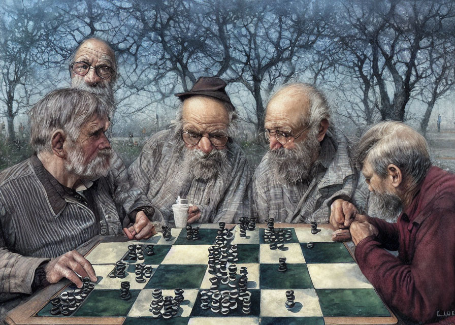 Five elderly men with beards playing chess outdoors in serene setting