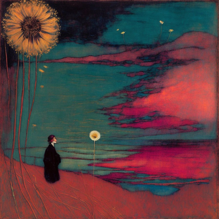 Figure in black by giant dandelion under red and blue sky