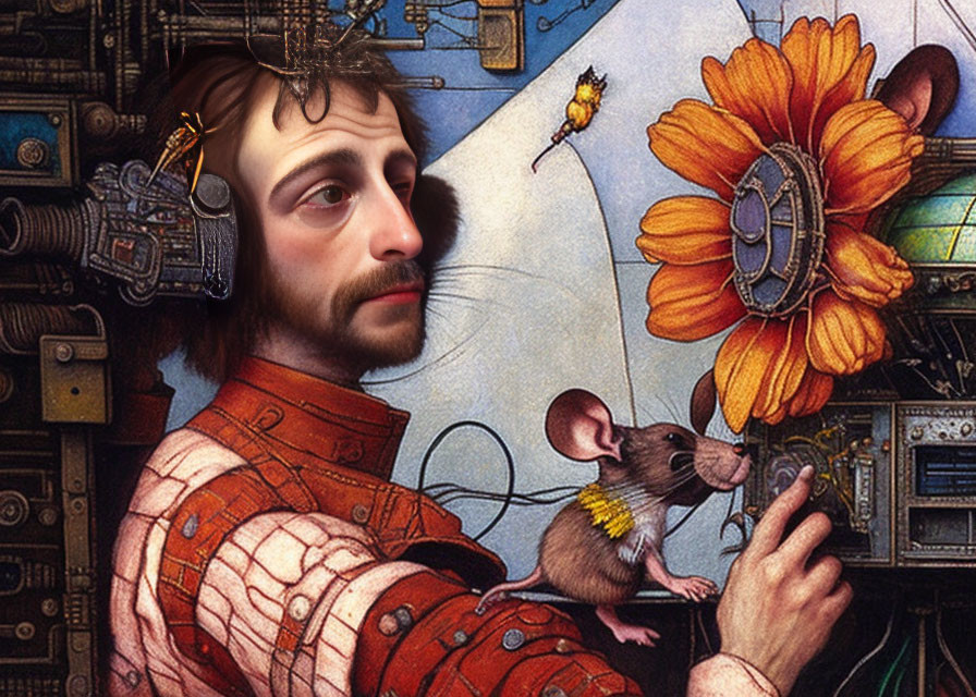 Digital collage: person with mechanical parts, mouse on shoulder, match to orange flower, blue background.