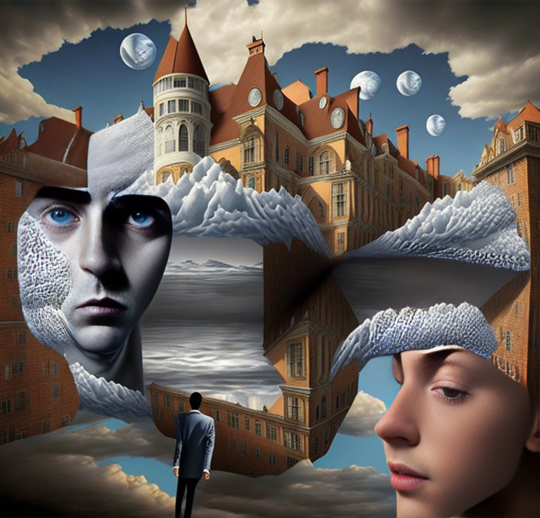 Fragmented male face, woman's face, floating buildings, sky layers, man, moons