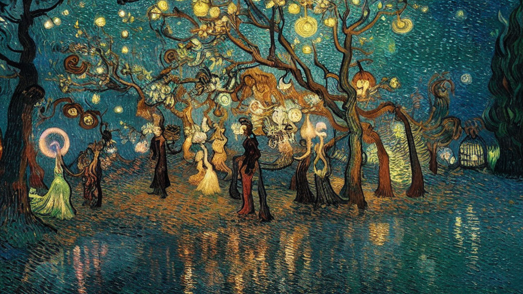 Stylized painting of people in elegant attire under starry night sky with swirling patterns, whimsical