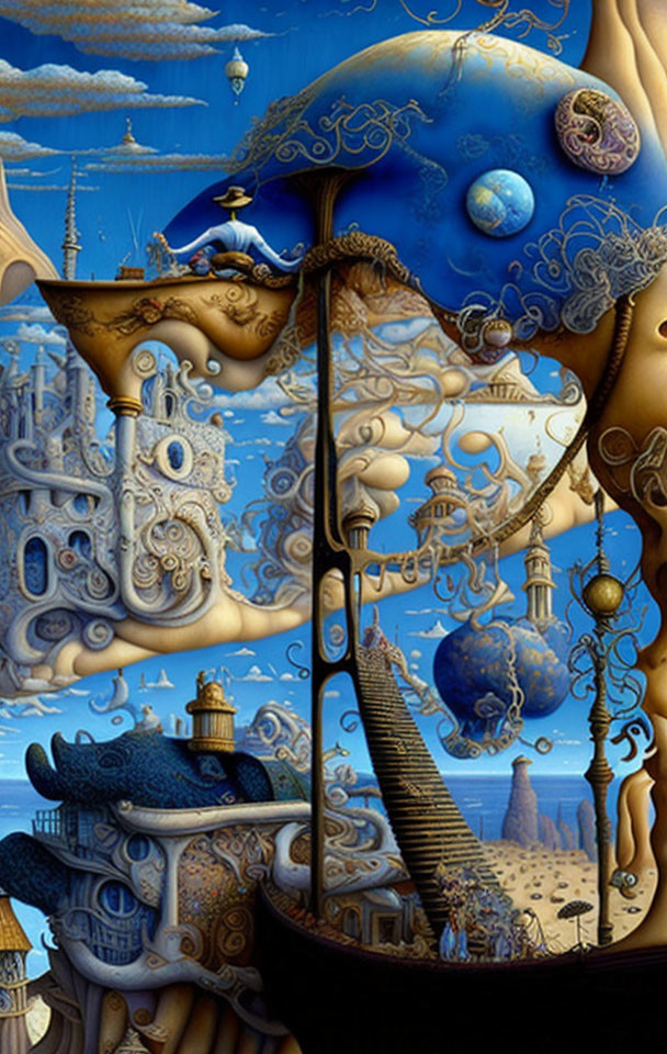 Blue skull in surreal cosmic scene with architecture and floating elements