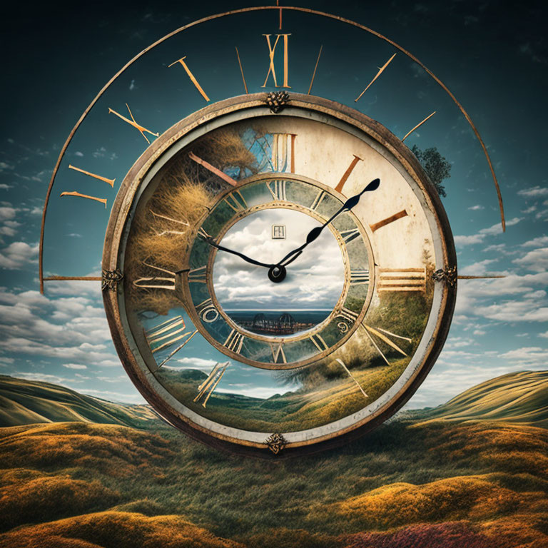 Surreal landscape with clock face, Roman numerals, rolling hills, bridge