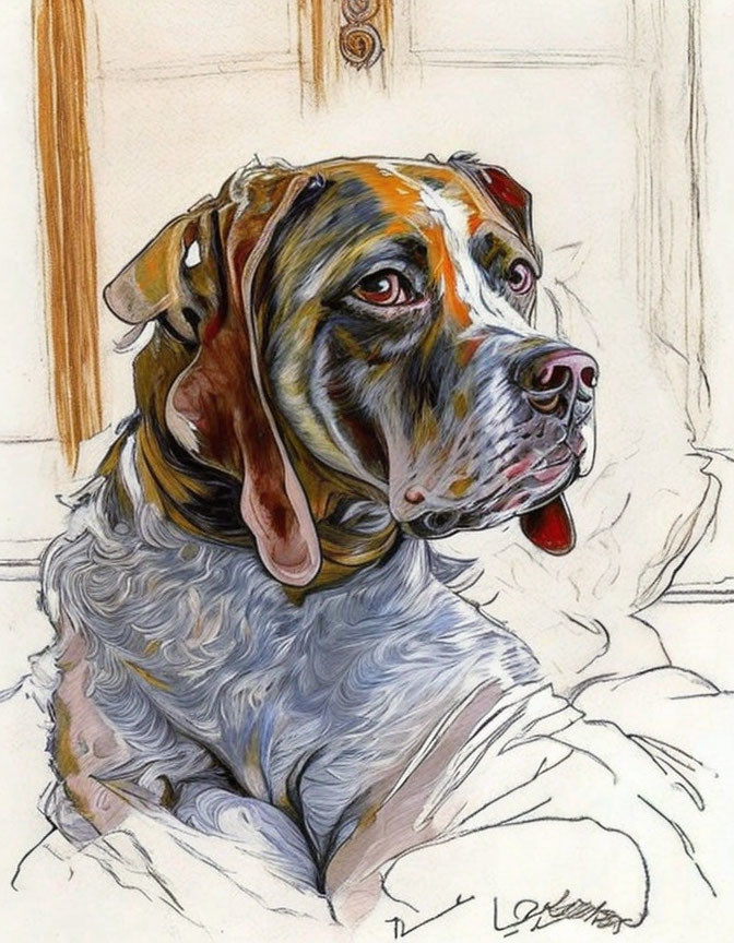 Detailed portrait of brown and black dog with tongue out, sitting by door in vibrant colors