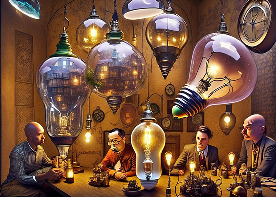 Four men playing a game at a table in a vintage room with oversized glowing light bulbs