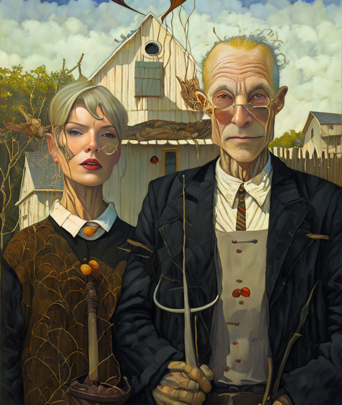 Vintage-style painting of elderly man & young woman in front of wooden house & tree.