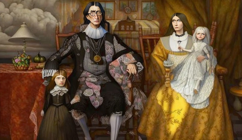 Vintage Family Portrait with Animated Characters in Classical Interior