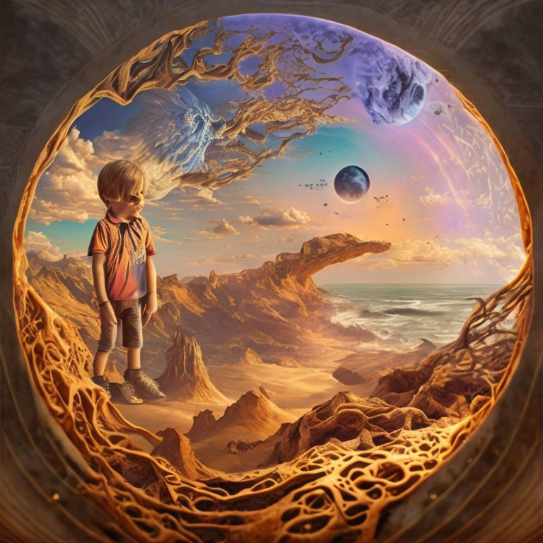 Young boy in circular frame gazes at surreal landscape with rocky terrain, sea, and moons