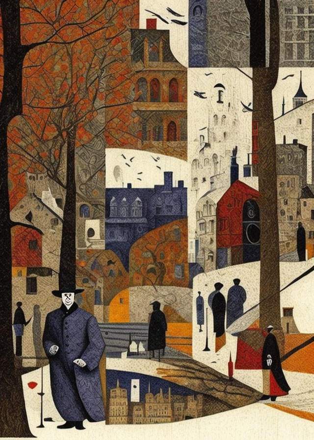 Cityscape artwork with autumn trees, textured buildings, and faceless figures in cloaks