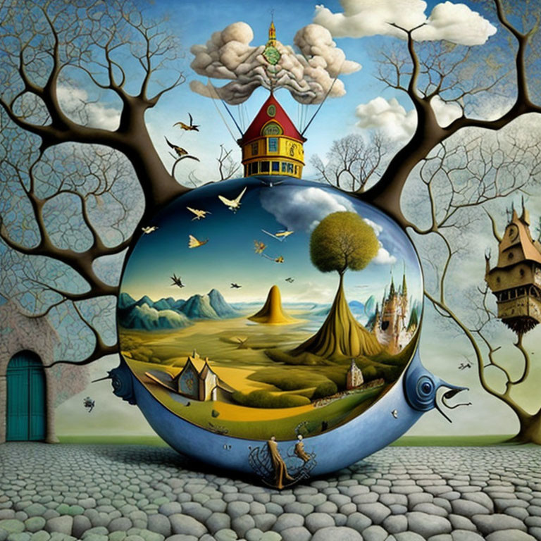 Surreal spherical landscape with tree, birds, flying houses, church cloud above reflective globe