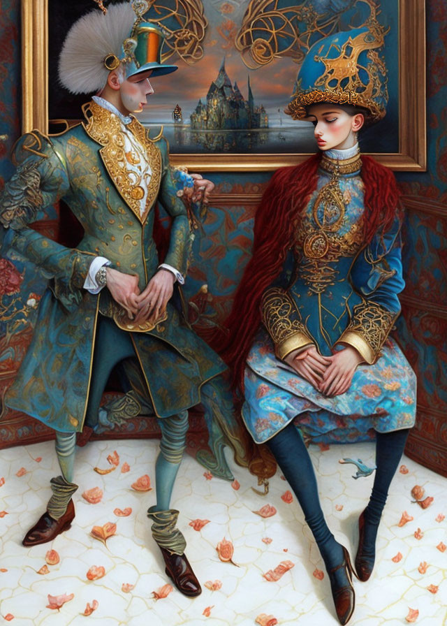 Regal man and woman in ornate Renaissance attire with gothic castle.