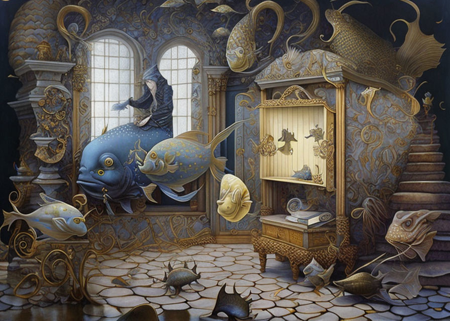 Ornate whimsical room with floating fish and cloaked figure viewing marine life