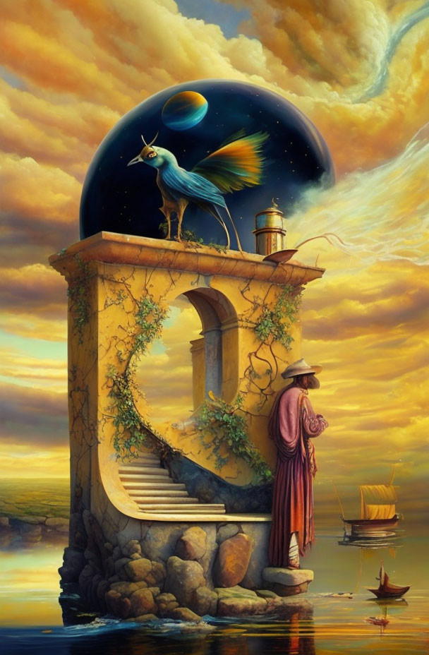 Surreal painting with archway, peacock, robed figure, stairs, ship, and